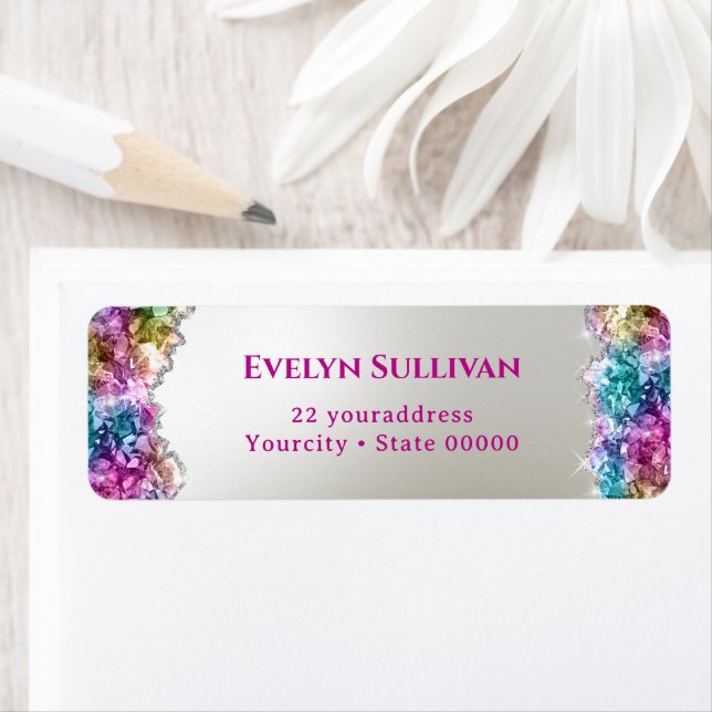Iridescent crystals return address label (Insitu)