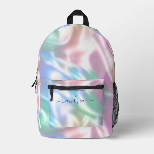 Iridescent Design, Personalize Purple Script Name Printed Backpack (Front)
