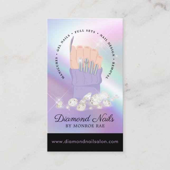 Iridescent Diamond Nail Salon Technician Nail Art Business Card (Front)