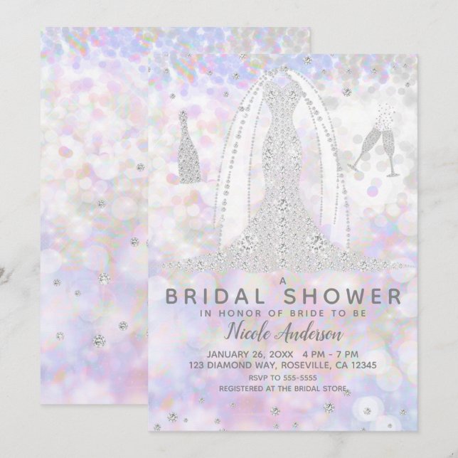 Iridescent Diamond Wedding Dress Bridal Shower Invitation (Front/Back)