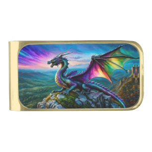 Iridescent Dragon Guards His Land Gold Finish Money Clip