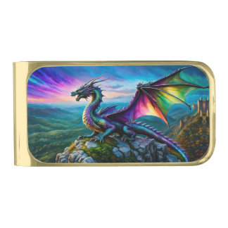 Iridescent Dragon Guards His Land Gold Finish Money Clip