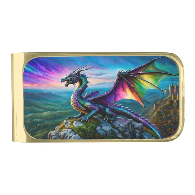 Iridescent Dragon Guards His Land Gold Finish Money Clip (Front)