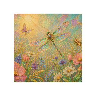Iridescent Dragonfly Meadow with Butterfly Wood Wall Art