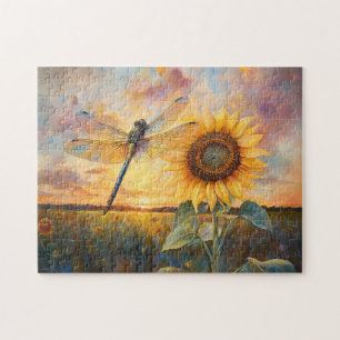Iridescent Dragonfly Rustic Sunflower Jigsaw Puzzle