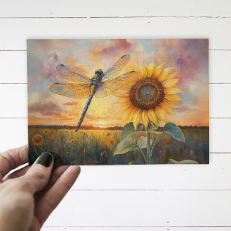 Iridescent Dragonfly Rustic Sunflower Postcard