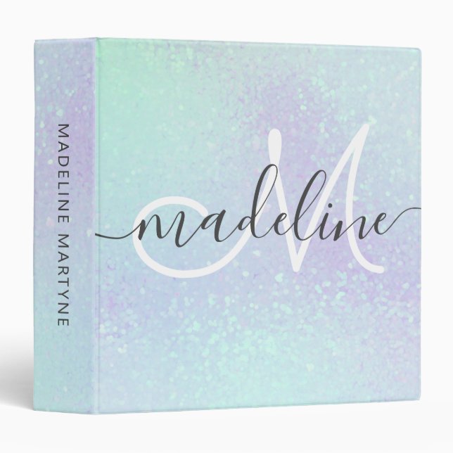 Iridescent Faux Holographic Glitter Monogram 3 Ring Binder (Front/Spine)