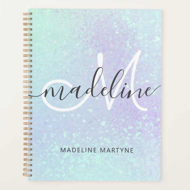 Iridescent Faux Holographic Glitter Monogram Planner (Front)