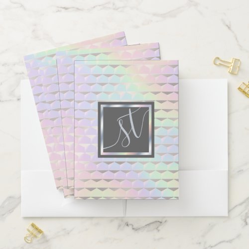 Iridescent Faux Holographic Pattern Monogram Pocket Folder