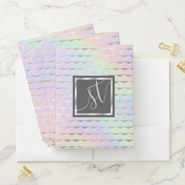 Iridescent Faux Holographic Pattern Monogram Pocket Folder (In Situ)