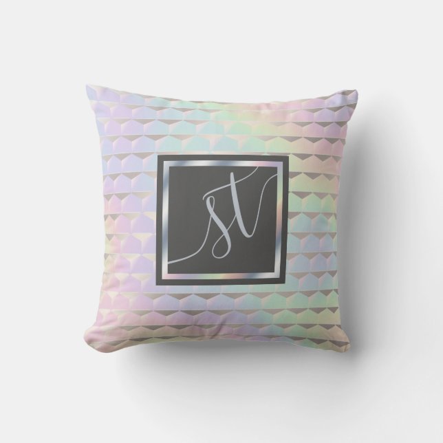 Iridescent Faux Holographic Pattern Monogram Throw Pillow (Front)