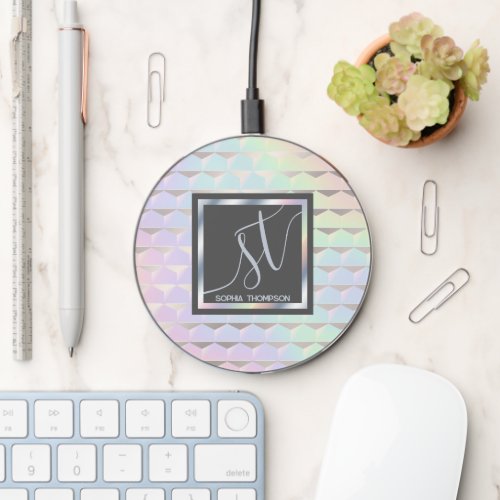 Iridescent Faux Holographic Pattern Monogram Wireless Charger