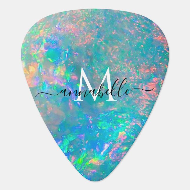 Iridescent Fire Opal Monogram Script Name Guitar Pick (Front)