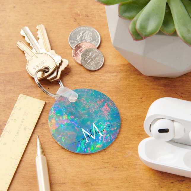 Iridescent Fire Opal Monogram Script Name Keychain (Desk)