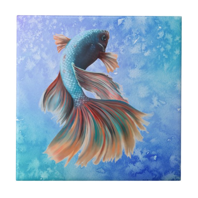 Iridescent fish on blue ceramic tile (Front)