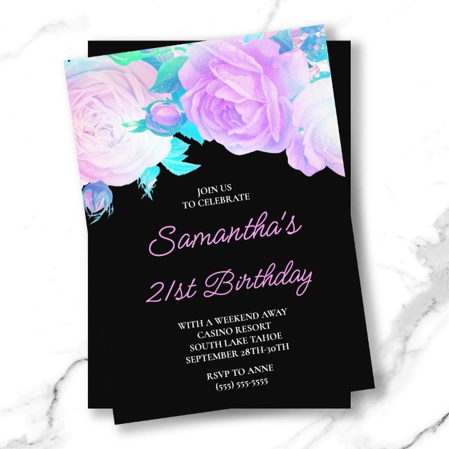 Iridescent Floral Pink and Black 21st Birthday Invitation (Iridescent Floral Pink and Black 21st Birthday Invitation)