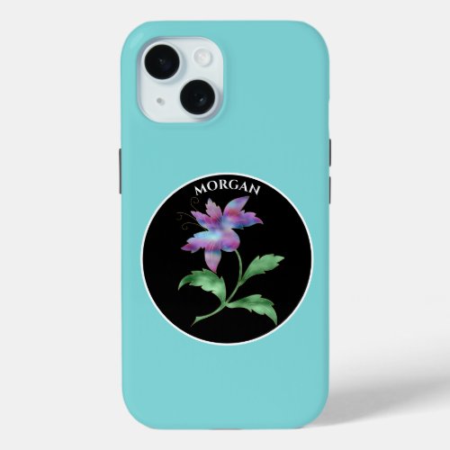 Iridescent Flower Black Circle Name iPhone 15 Case