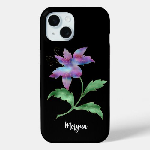 Iridescent Flower on Black Script Name iPhone 15 Case