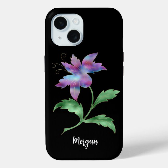 Iridescent Flower on Black, Script Name Case-Mate iPhone Case (Back)