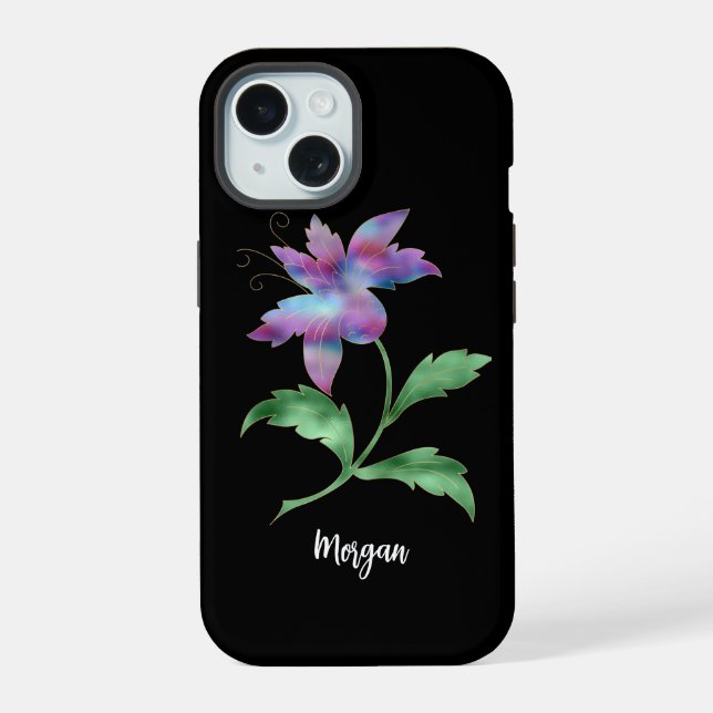 Iridescent Flower on Black, Script Name Iphone Case (Back)