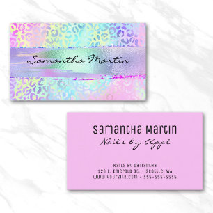 Iridescent Foil Brush Stroke Rainbow Leopard Pink Business Card