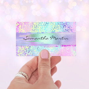 Iridescent Foil Brush Stroke Rainbow Leopard Pink Business Card