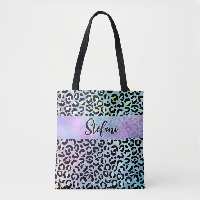 Iridescent Foil Rainbow Leopard Purple Tote Bag (Front)