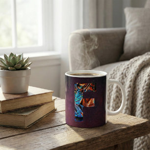 Iridescent Galaxy: Cosmic Holographic Letter F Coffee Mug