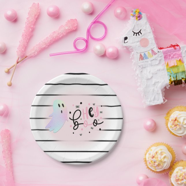 Iridescent Ghost Hey Boo Pink Halloween Birthday  Paper Plates (Party)