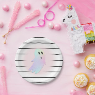 Iridescent Ghost Hey Boo Pink Halloween Birthday Paper Plates
