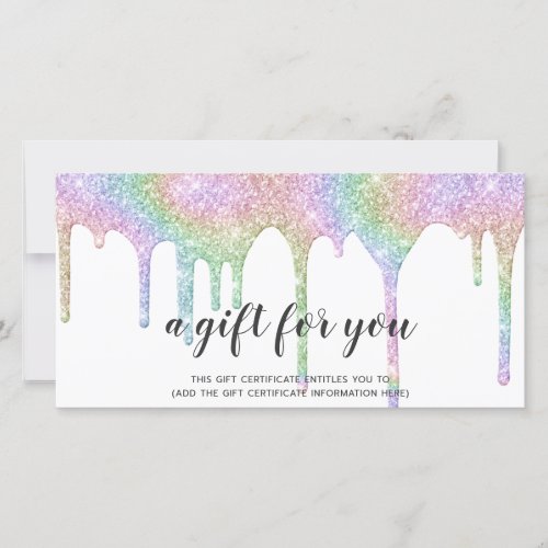 Iridescent gift card unicorn glitter drips white