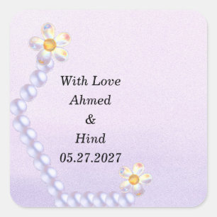 Iridescent Glass Floral Pearl Wedding Favor Square Sticker