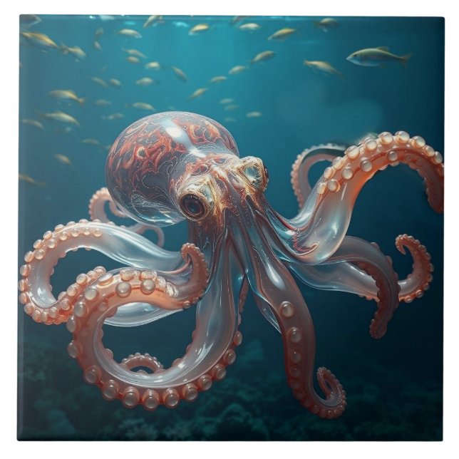 Iridescent Glass Octopus Art | Deep Sea Life Ceramic Tile (Front)