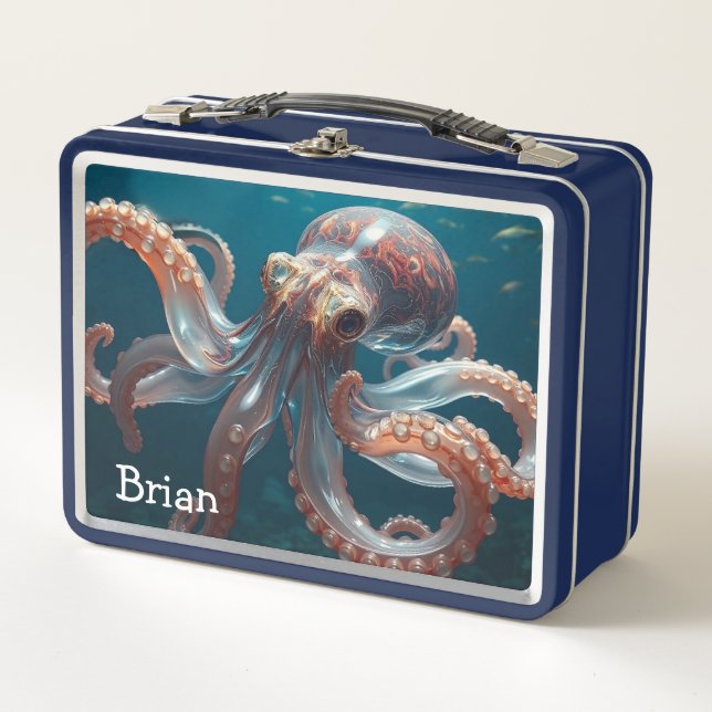 Iridescent Glass Octopus Art | Personalized Metal Lunch Box (Front)