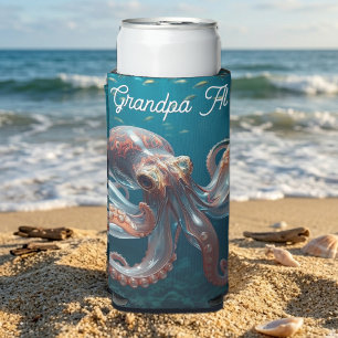 Iridescent Glass Octopus Art Personalized Seltzer Can Cooler