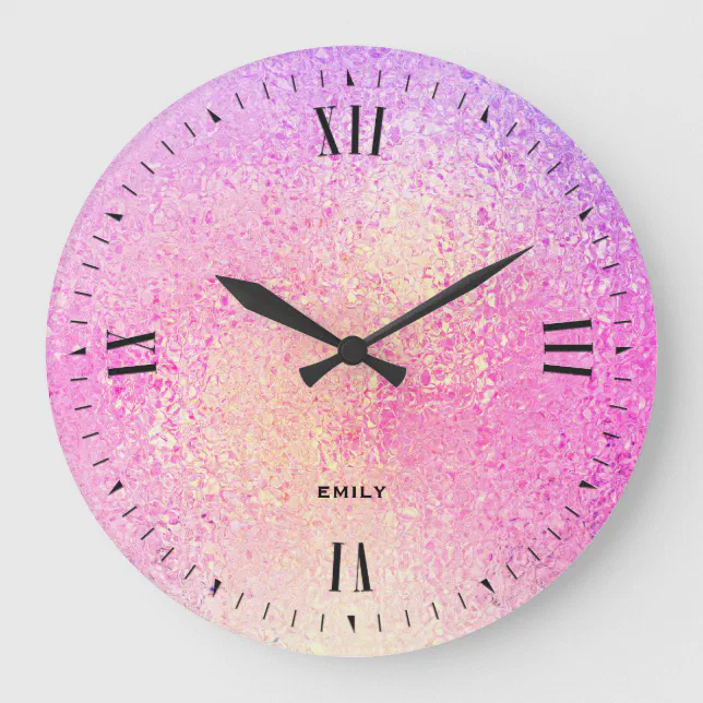 Iridescent glass ombre pink and purple large clock | Zazzle