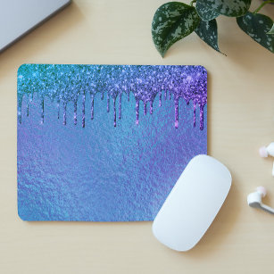 Iridescent Glitter Drips Blue Purple Holographic Mouse Pad
