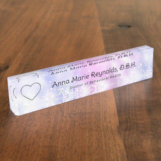 Iridescent Glitter Heart Professional Desk Name Plate (Side)