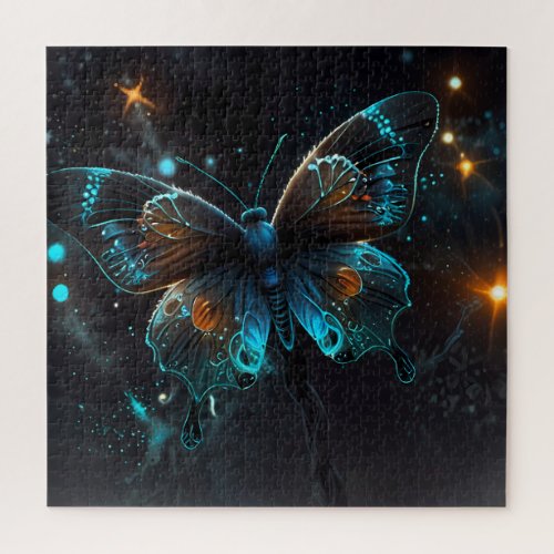 Iridescent glow of a vivid blue butterfly jigsaw puzzle