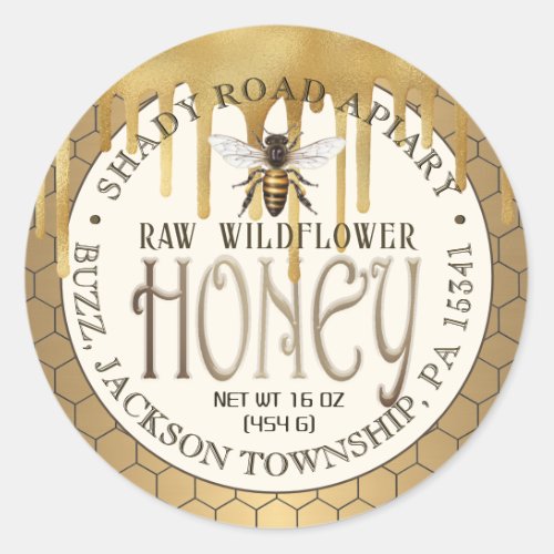 Iridescent Gold Drips Honey Label with Honeycomb  