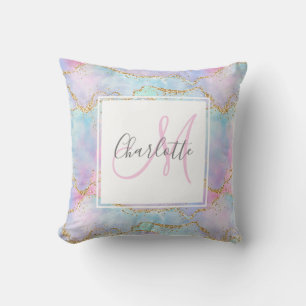 Iridescent gold glitter agate monogram  throw pillow