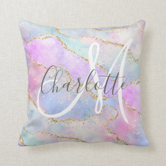 Iridescent gold glitter agate monogram throw pillow
