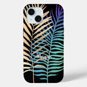 Iridescent/Gold Tropical Leaves Script Name, Black iPhone 15 Case