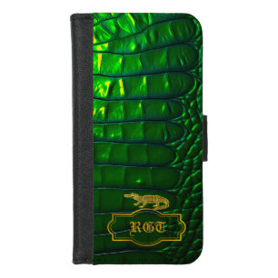 Iridescent Green Faux Crocodile Monogrammed iPhone 8/7 Wallet Case