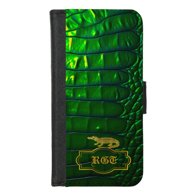 Iridescent Green Faux Crocodile Monogrammed iPhone Wallet Case (Front)