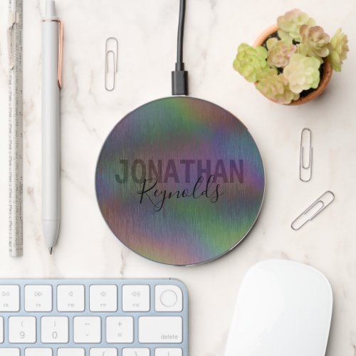 Iridescent Holographic Brushed Metal Script Name Wireless Charger