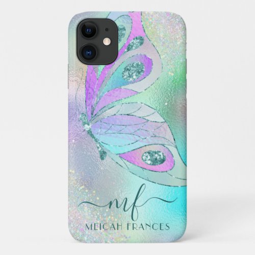 Iridescent Holographic Butterfly Monogram Girly  iPhone 11 Case