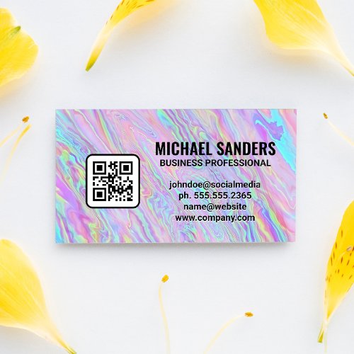 Iridescent Holographic Foil Pastel  QR Code Business Card