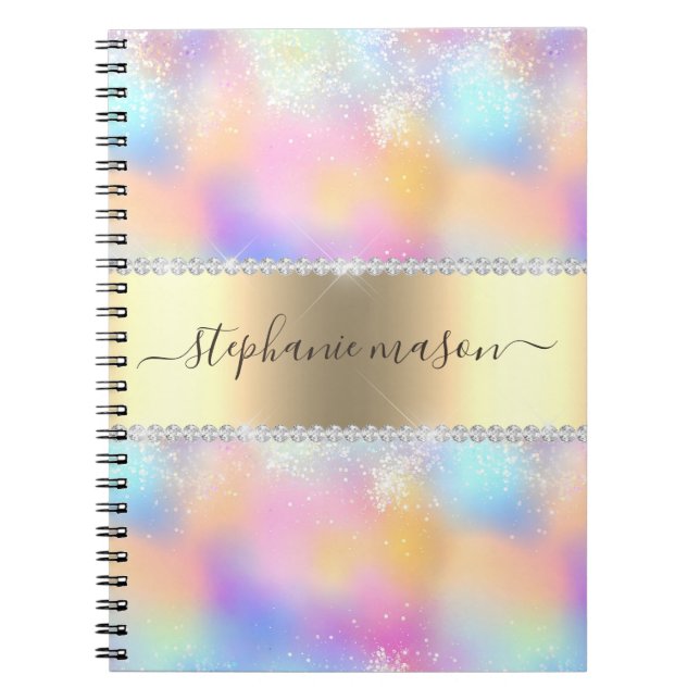 Iridescent Holographic Glitter Diamond Gold Modern Notebook (Front)