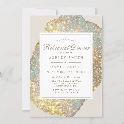 Iridescent Holographic Glitter Rehearsal Dinner In Invitation